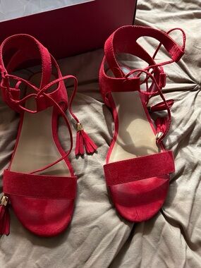 Red Lace-Up Tassel Sandals - Women